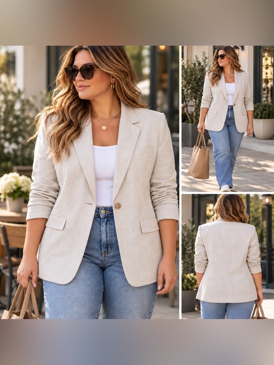 H&M Jackets & Blazers - H&M Linen Blend Blazer Women’s L Beige Oatmeal Single Button Lightweight